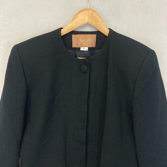Vintage Saville 100% Wool Long Blazer Jacket Womens 8 Black Office Collarless - Picture 7 of 16